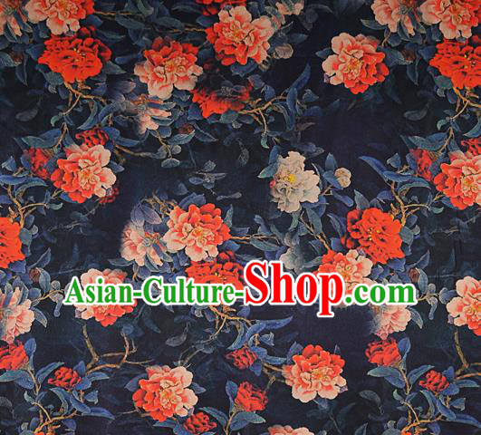 Chinese Traditional Peony Pattern Design Navy Satin Watered Gauze Brocade Fabric Asian Silk Fabric Material