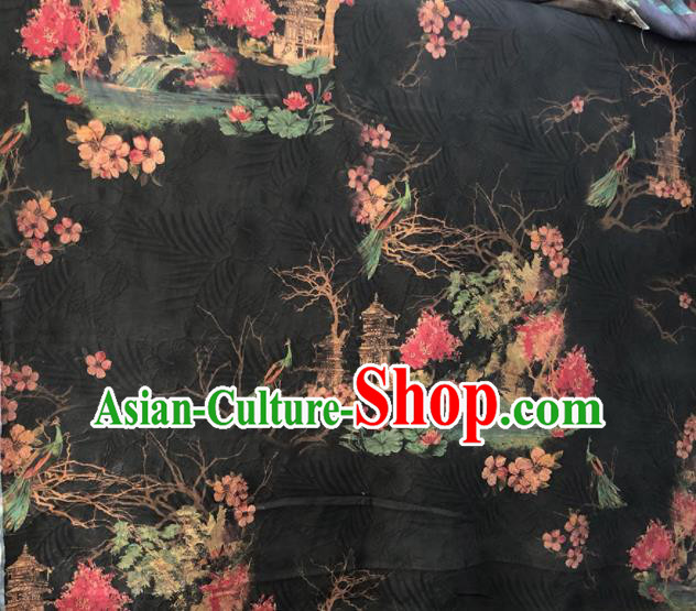 Chinese Traditional Peach Blossom Pattern Design Black Satin Watered Gauze Brocade Fabric Asian Silk Fabric Material
