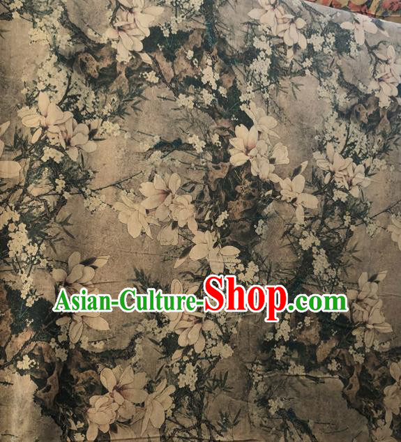 Chinese Traditional Magnolia Pattern Design Grey Satin Watered Gauze Brocade Fabric Asian Silk Fabric Material
