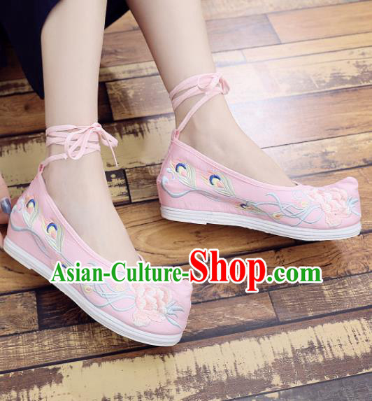 Chinese Traditional Hanfu Shoes Ancient Princess Embroidered Peony Pink Shoes National Cloth Shoes for Women