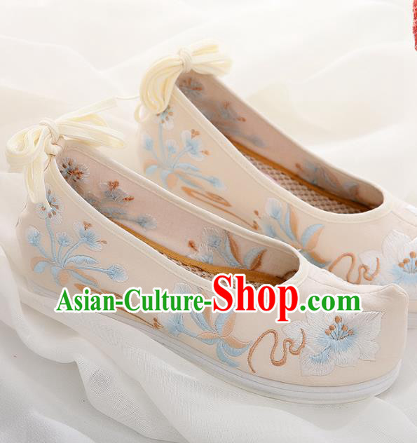 Chinese Traditional Hanfu Shoes Ancient Princess Embroidered Peach Blossom Beige Shoes National Cloth Shoes for Women