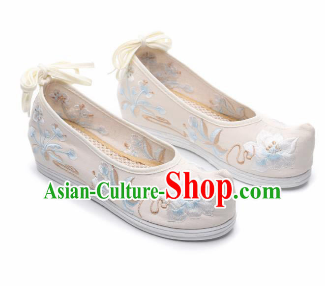 Chinese Traditional Hanfu Shoes Ancient Princess Embroidered Peach Blossom White Shoes National Cloth Shoes for Women