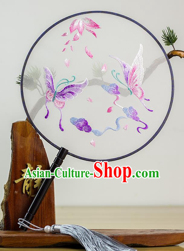 Chinese Traditional Hanfu Embroidered Butterfly Palace Fans Ancient Princess Dance Silk Round Fan for Women