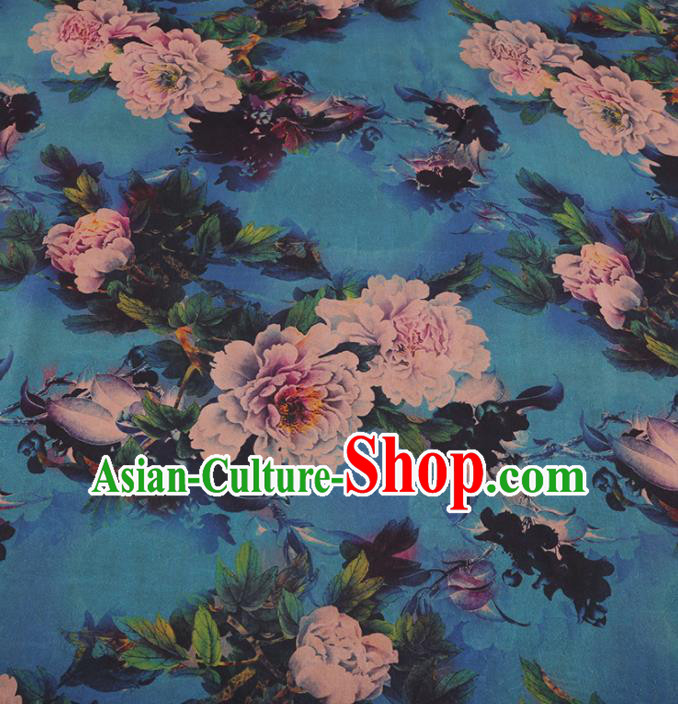 Chinese Traditional Peony Pattern Design Blue Satin Watered Gauze Brocade Fabric Asian Silk Fabric Material