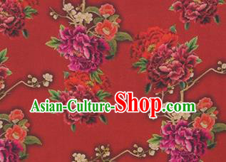 Chinese Traditional Peony Flowers Pattern Design Red Satin Watered Gauze Brocade Fabric Asian Silk Fabric Material