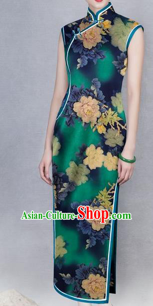 Chinese Traditional Peony Pattern Design Green Satin Watered Gauze Brocade Fabric Asian Silk Fabric Material