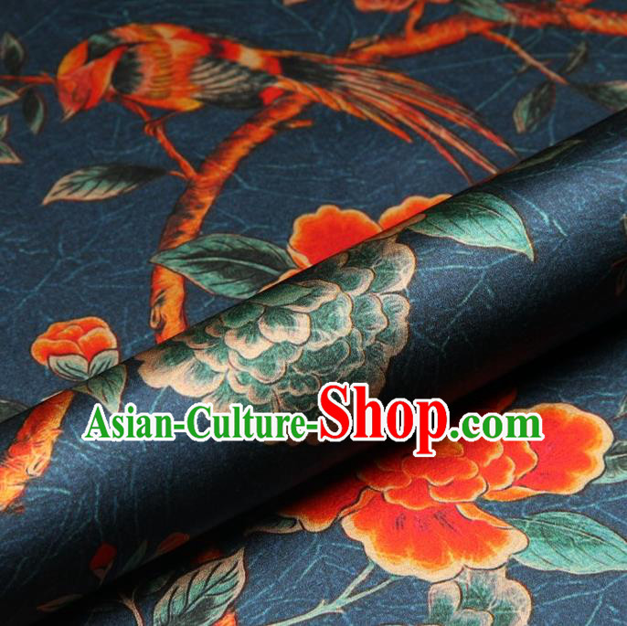 Chinese Traditional Peony Bird Pattern Design Atrovirens Satin Watered Gauze Brocade Fabric Asian Silk Fabric Material