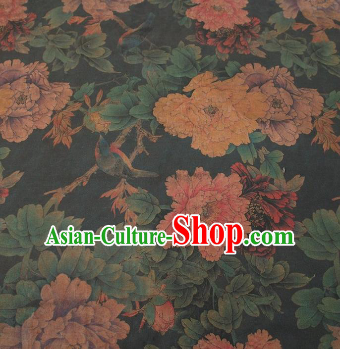 Chinese Traditional Peony Pattern Design Dark Green Satin Watered Gauze Brocade Fabric Asian Silk Fabric Material