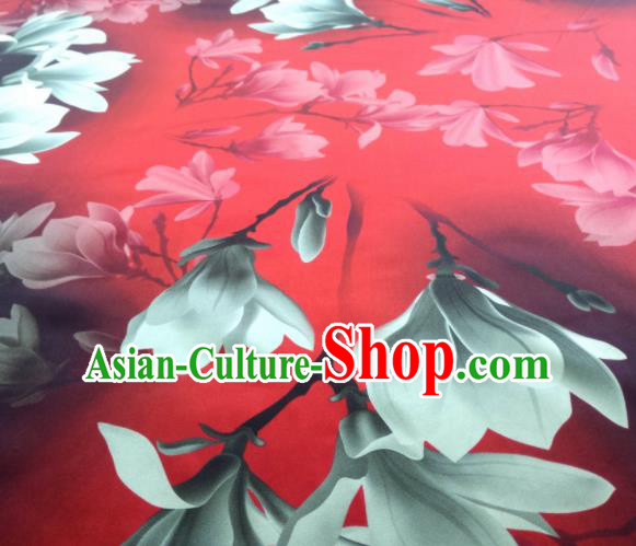 Chinese Traditional Yulan Magnolia Pattern Design Red Satin Watered Gauze Brocade Fabric Asian Silk Fabric Material