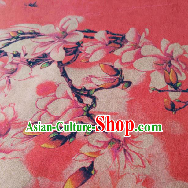 Chinese Traditional Yulan Magnolia Pattern Design Peach Pink Satin Watered Gauze Brocade Fabric Asian Silk Fabric Material