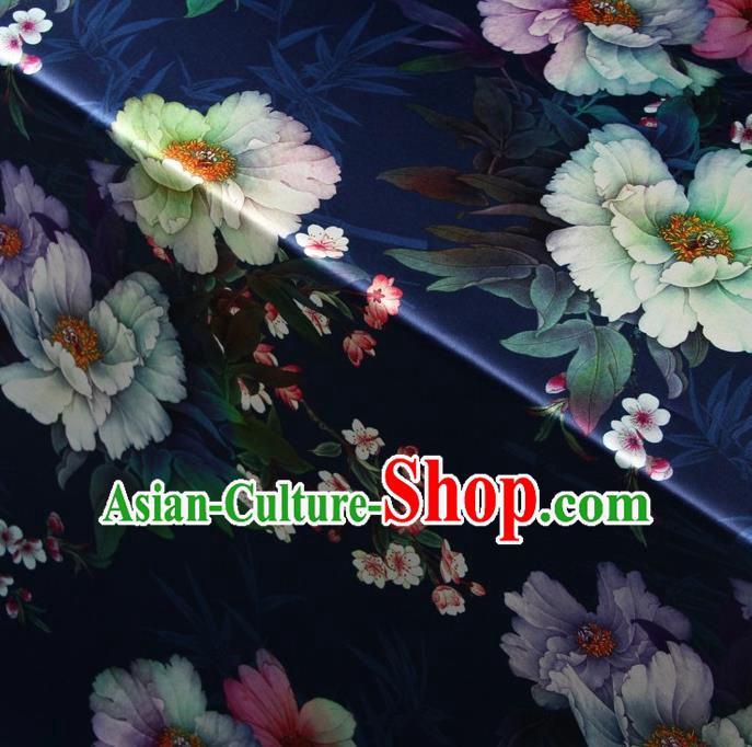 Chinese Traditional Peony Pattern Design Navy Satin Watered Gauze Brocade Fabric Asian Silk Fabric Material