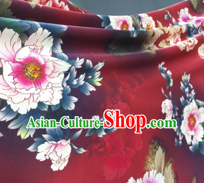 Chinese Traditional Peony Pattern Design Red Satin Watered Gauze Brocade Fabric Asian Silk Fabric Material