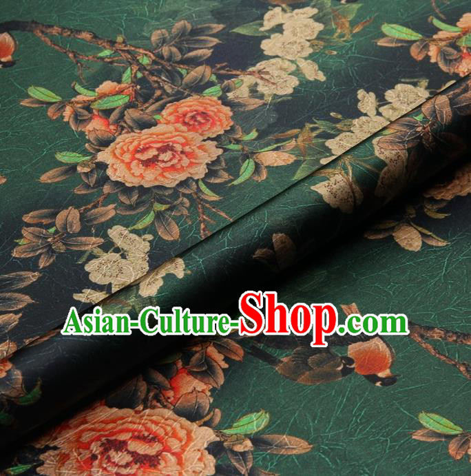 Chinese Traditional Peony Flowers Pattern Design Green Satin Watered Gauze Brocade Fabric Asian Silk Fabric Material