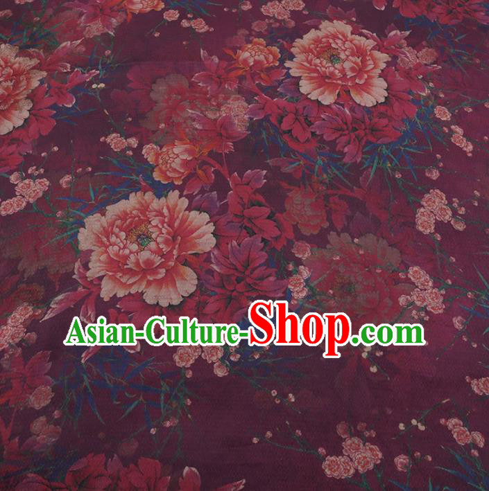 Chinese Traditional Peony Plum Pattern Design Purple Satin Watered Gauze Brocade Fabric Asian Silk Fabric Material