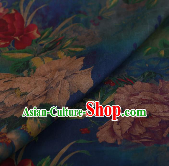 Traditional Chinese Satin Classical Peony Pattern Design Blue Watered Gauze Brocade Fabric Asian Silk Fabric Material