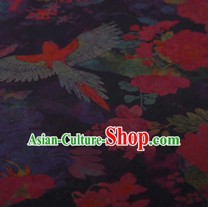 Traditional Chinese Satin Classical Birds Peony Pattern Design Navy Watered Gauze Brocade Fabric Asian Silk Fabric Material