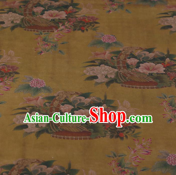 Traditional Chinese Satin Classical Flowers Basket Pattern Design Yellow Watered Gauze Brocade Fabric Asian Silk Fabric Material