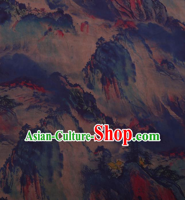 Traditional Chinese Satin Classical Landscape Pattern Design Blue Watered Gauze Brocade Fabric Asian Silk Fabric Material