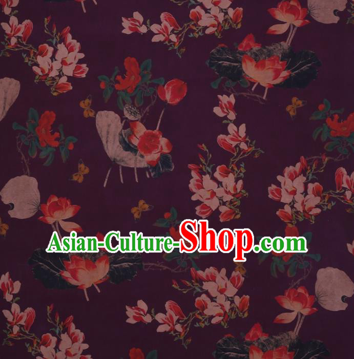 Traditional Chinese Satin Classical Yulan Magnolia Pattern Design Purple Watered Gauze Brocade Fabric Asian Silk Fabric Material