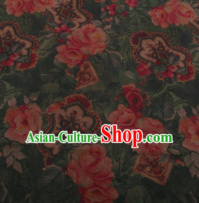 Traditional Chinese Satin Classical Roses Pattern Design Green Watered Gauze Brocade Fabric Asian Silk Fabric Material