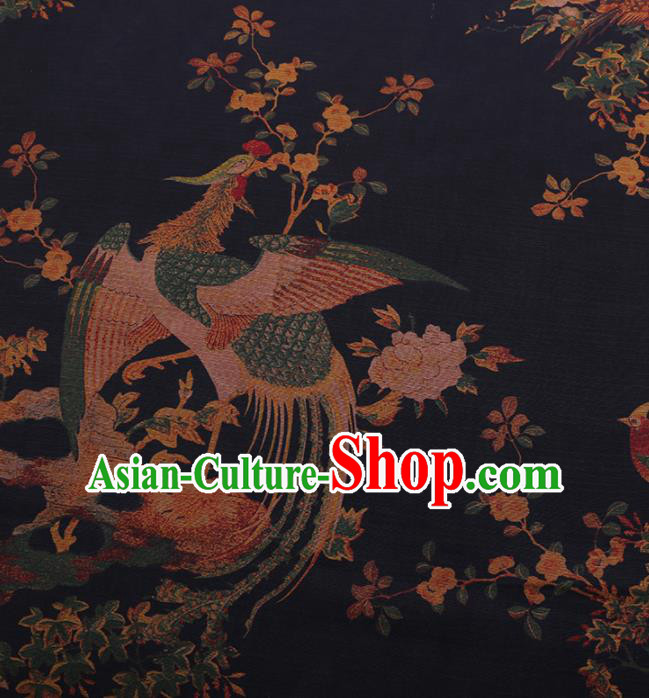 Traditional Chinese Satin Classical Phoenix Pattern Design Navy Watered Gauze Brocade Fabric Asian Silk Fabric Material