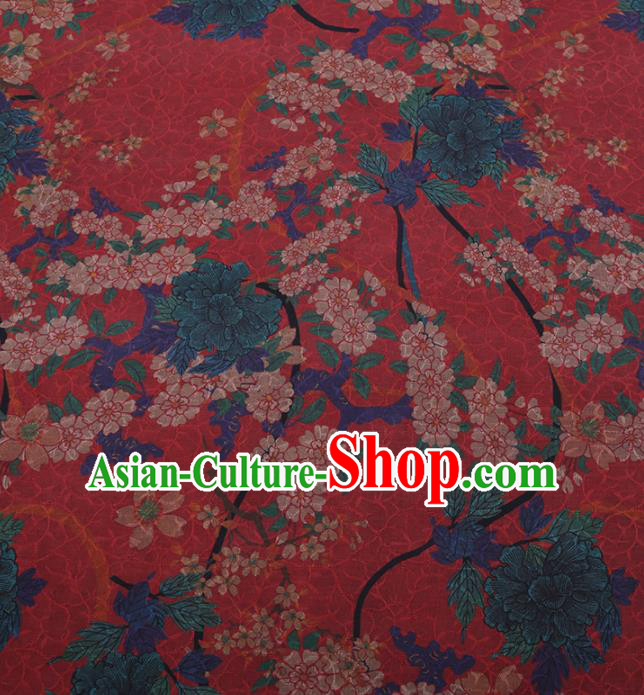 Traditional Chinese Satin Classical Peach Blossom Pattern Design Watermelon Red Watered Gauze Brocade Fabric Asian Silk Fabric Material