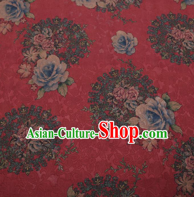 Traditional Chinese Satin Classical Roses Pattern Design Red Watered Gauze Brocade Fabric Asian Silk Fabric Material