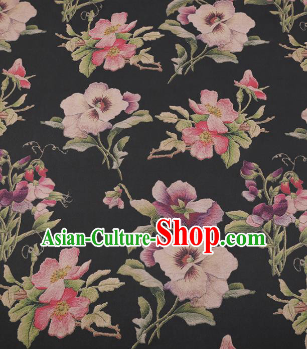 Traditional Chinese Satin Classical Peach Blossom Pattern Design Black Watered Gauze Brocade Fabric Asian Silk Fabric Material