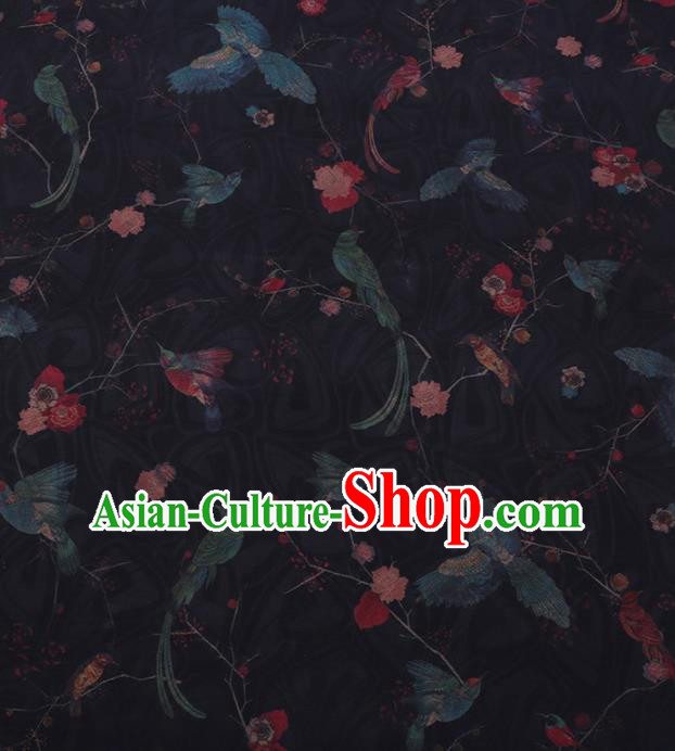Traditional Chinese Satin Classical Birds Pattern Design Black Watered Gauze Brocade Fabric Asian Silk Fabric Material