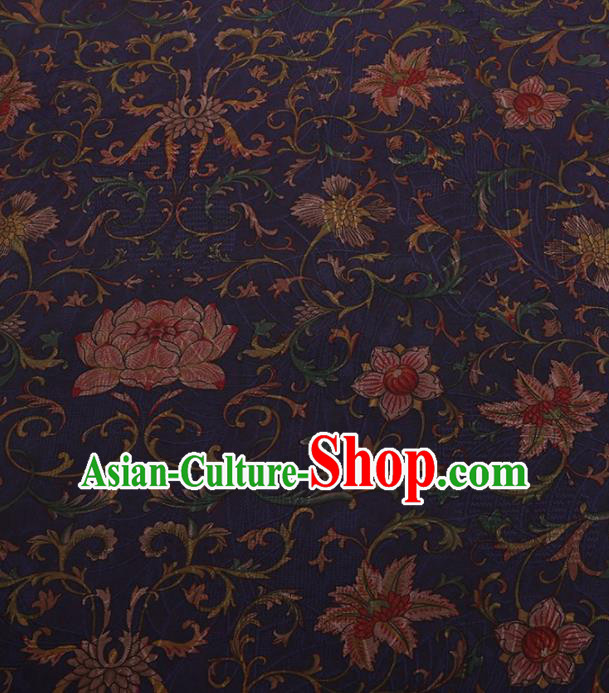 Traditional Chinese Satin Classical Lotus Pattern Design Navy Watered Gauze Brocade Fabric Asian Silk Fabric Material