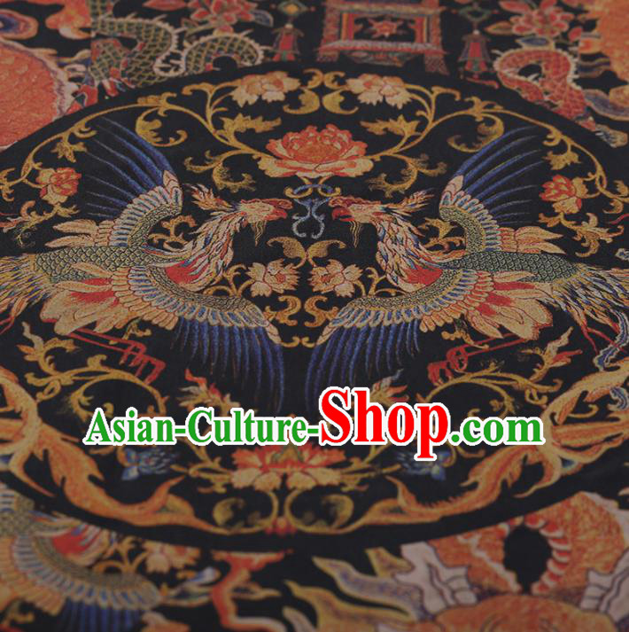 Traditional Chinese Satin Classical Phoenix Pattern Design Navy Watered Gauze Brocade Fabric Asian Silk Fabric Material