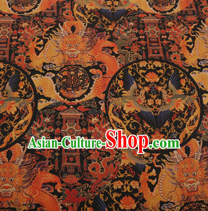 Traditional Chinese Satin Classical Dragon Phoenix Pattern Design Black Watered Gauze Brocade Fabric Asian Silk Fabric Material