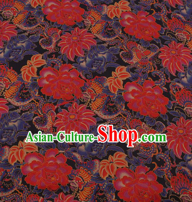 Traditional Chinese Satin Classical Lotus Pattern Design Black Watered Gauze Brocade Fabric Asian Silk Fabric Material