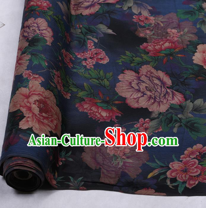 Chinese Traditional Peony Flowers Pattern Design Navy Satin Watered Gauze Brocade Fabric Asian Silk Fabric Material