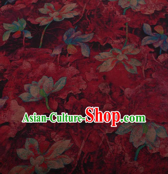 Traditional Chinese Satin Classical Lotus Pattern Design Wine Red Watered Gauze Brocade Fabric Asian Silk Fabric Material