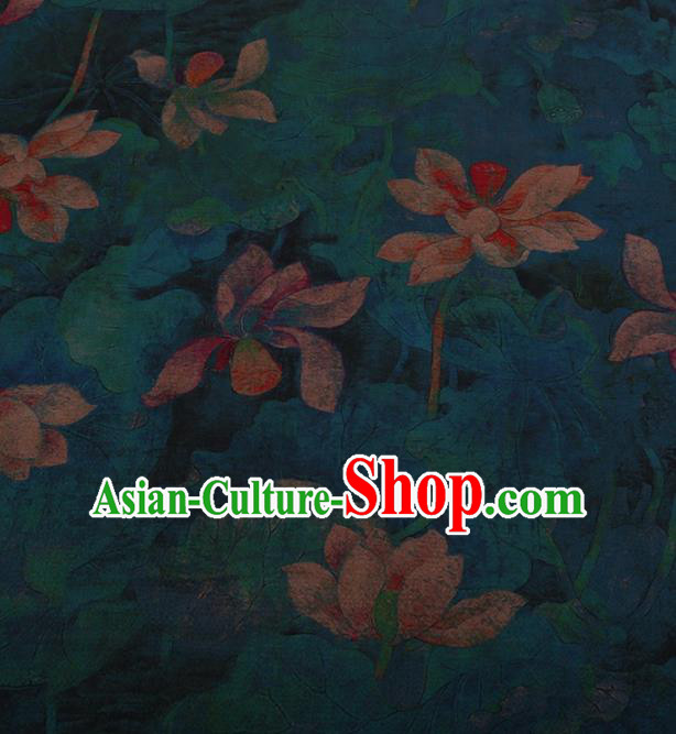 Traditional Chinese Satin Classical Lotus Pattern Design Blue Watered Gauze Brocade Fabric Asian Silk Fabric Material