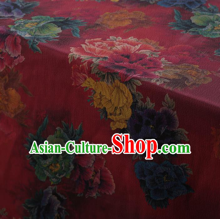 Traditional Chinese Classical Peony Pattern Design Red Satin Watered Gauze Brocade Fabric Asian Silk Fabric Material