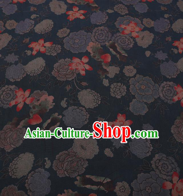 Traditional Chinese Satin Classical Lotus Peony Pattern Design Navy Watered Gauze Brocade Fabric Asian Silk Fabric Material