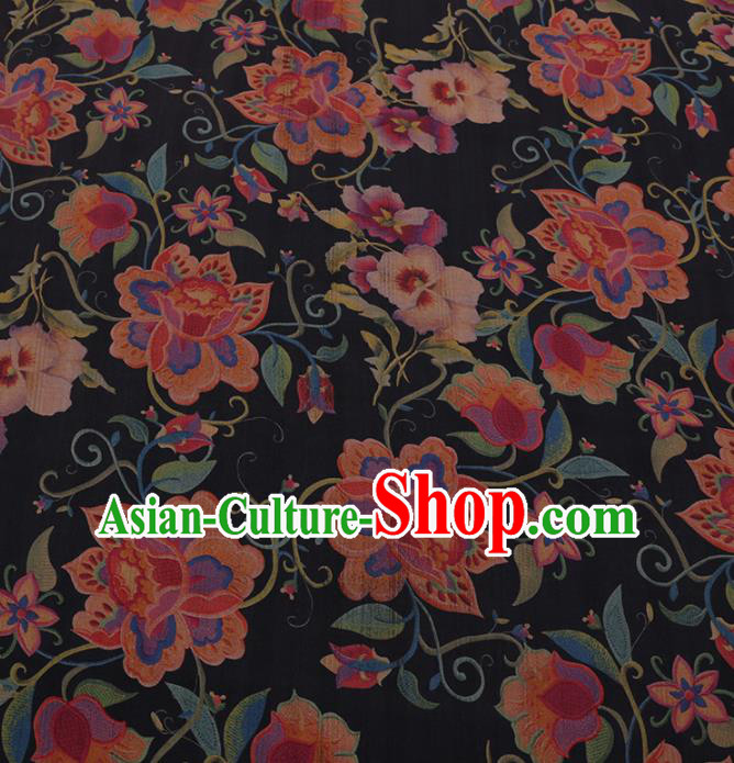 Traditional Chinese Satin Classical Twine Flowers Pattern Design Navy Watered Gauze Brocade Fabric Asian Silk Fabric Material