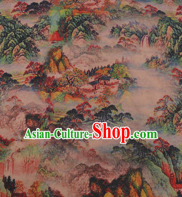 Traditional Chinese Satin Classical Landscape Pattern Design Watered Gauze Brocade Fabric Asian Silk Fabric Material