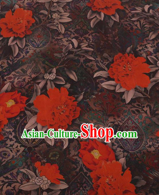 Traditional Chinese Satin Classical Red Peony Pattern Design Watered Gauze Brocade Fabric Asian Silk Fabric Material