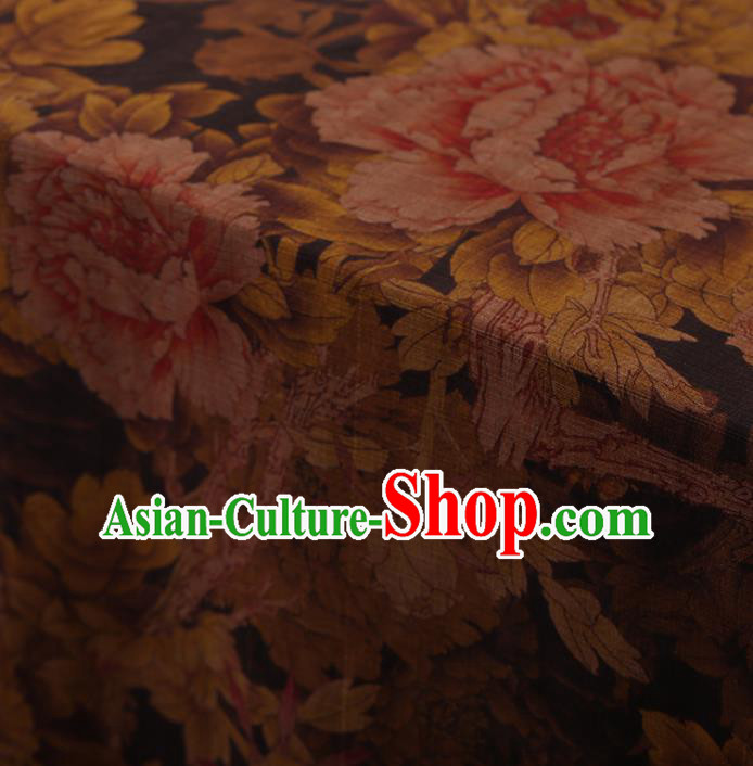 Traditional Chinese Classical Peony Pattern Design Brown Satin Watered Gauze Brocade Fabric Asian Silk Fabric Material