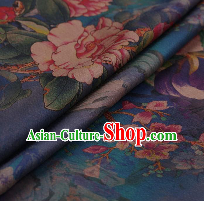 Traditional Chinese Classical Peony Pattern Design Blue Satin Watered Gauze Brocade Fabric Asian Silk Fabric Material