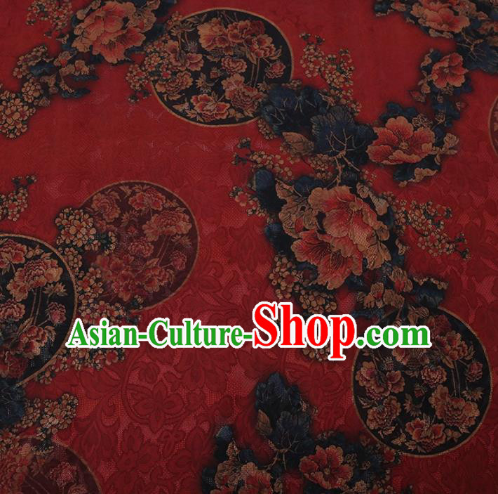 Traditional Chinese Satin Classical Round Peony Pattern Design Red Watered Gauze Brocade Fabric Asian Silk Fabric Material