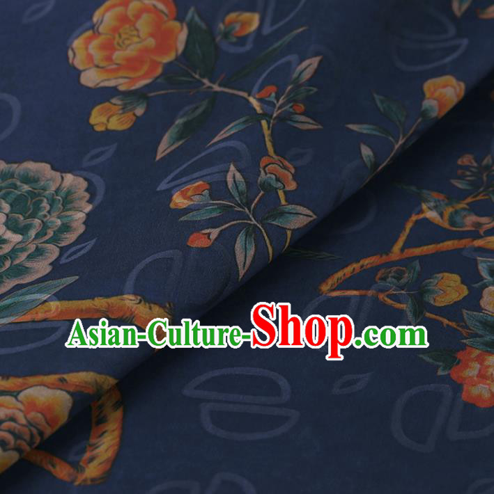 Chinese Traditional Peony Flowers Pattern Design Blue Satin Watered Gauze Brocade Fabric Asian Silk Fabric Material