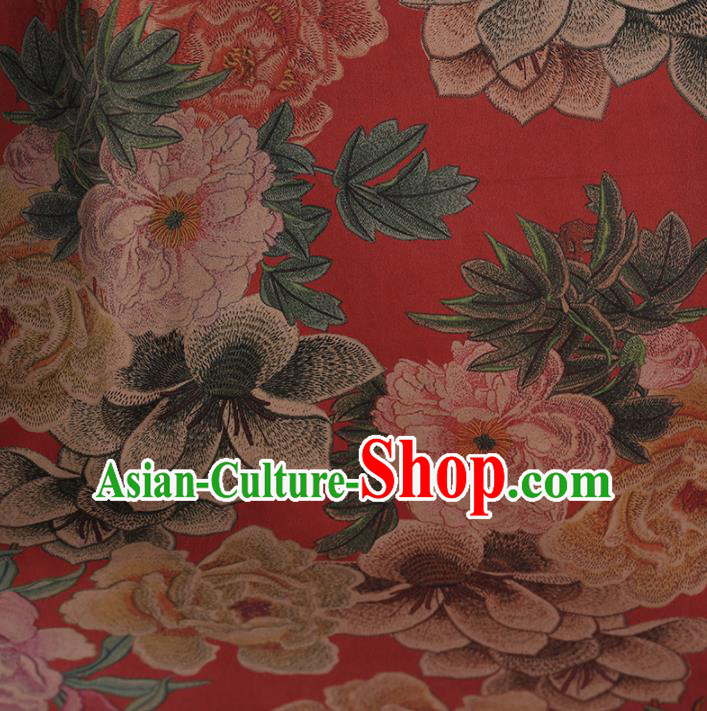 Traditional Chinese Classical Embroidered Peony Pattern Design Red Satin Watered Gauze Brocade Fabric Asian Silk Fabric Material