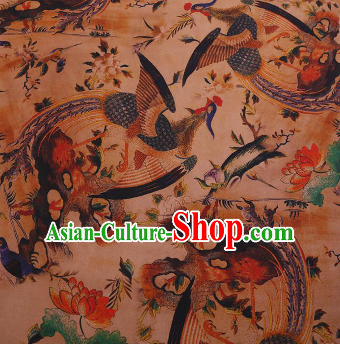 Traditional Chinese Satin Classical Phoenix Lotus Pattern Design Khaki Watered Gauze Brocade Fabric Asian Silk Fabric Material