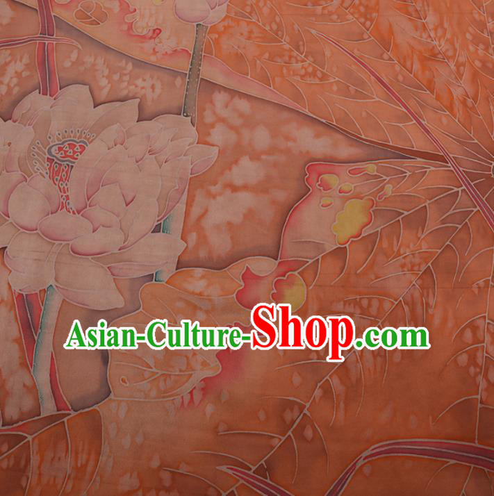 Traditional Chinese Classical Lotus Pattern Design Orange Satin Watered Gauze Brocade Fabric Asian Silk Fabric Material