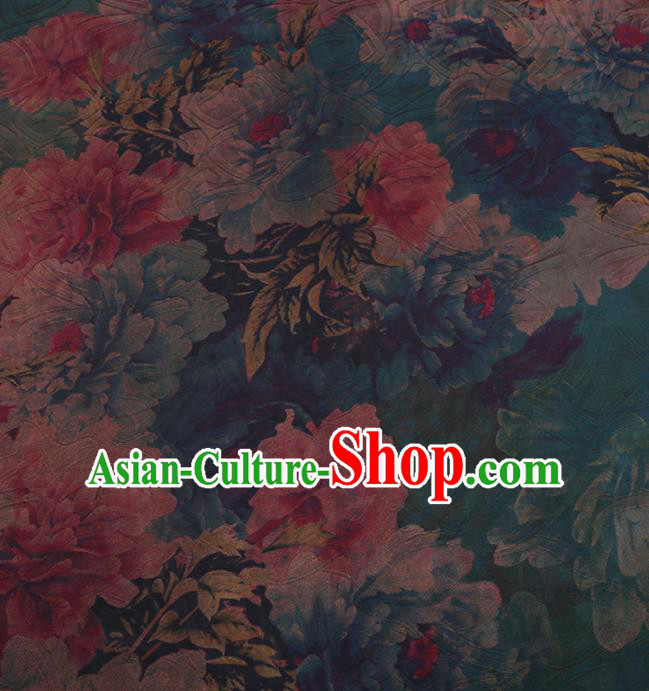 Chinese Traditional Peony Flowers Pattern Design Blue Satin Watered Gauze Brocade Fabric Asian Silk Fabric Material