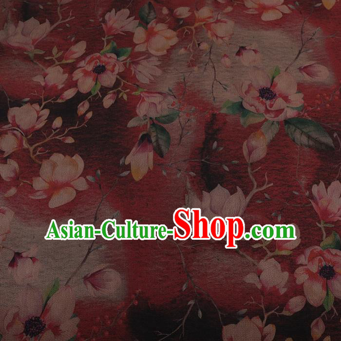 Traditional Chinese Classical Magnolia Pattern Design Wine Red Satin Watered Gauze Brocade Fabric Asian Silk Fabric Material